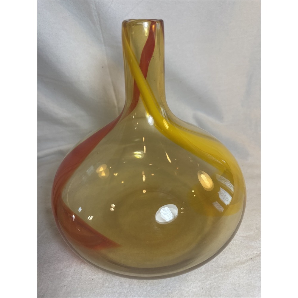 Vintage MCM Hand Blown Art Glass Orange & Amber Swirled  Tear Drop Vase 10" Tall